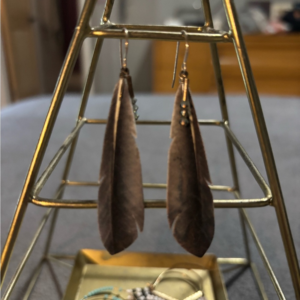 Long Brown Feather Drop Earrings